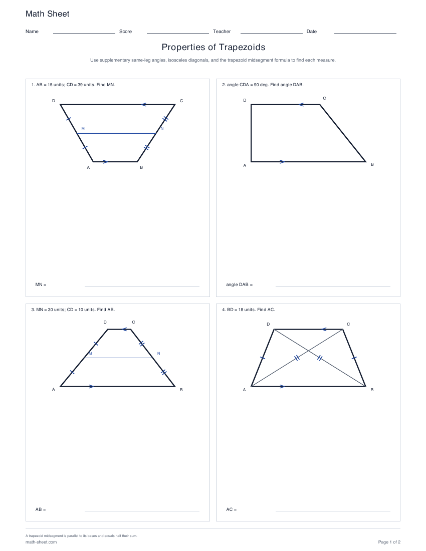 First page preview: Trapezoid Properties Worksheets