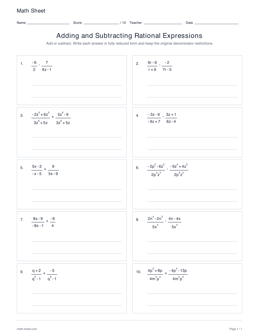 First page preview: Adding and subtracting rational expressions worksheets