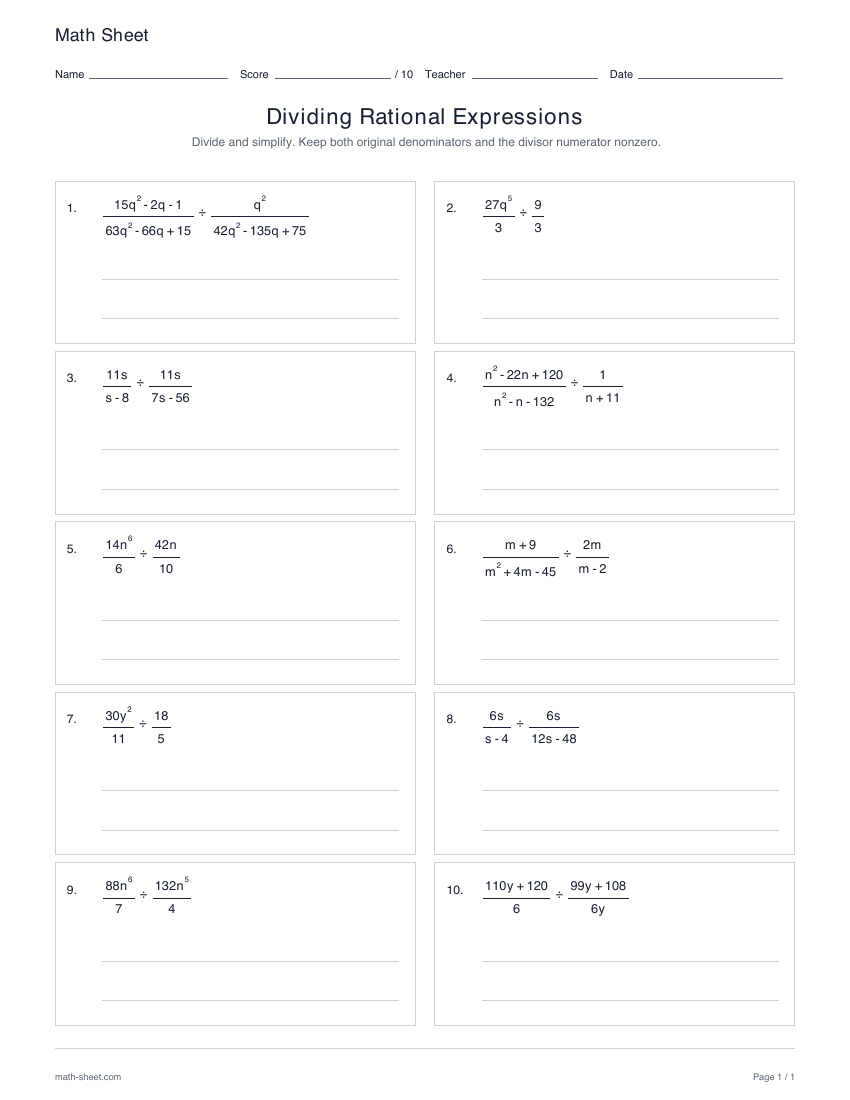 First page preview: Dividing rational expressions worksheets