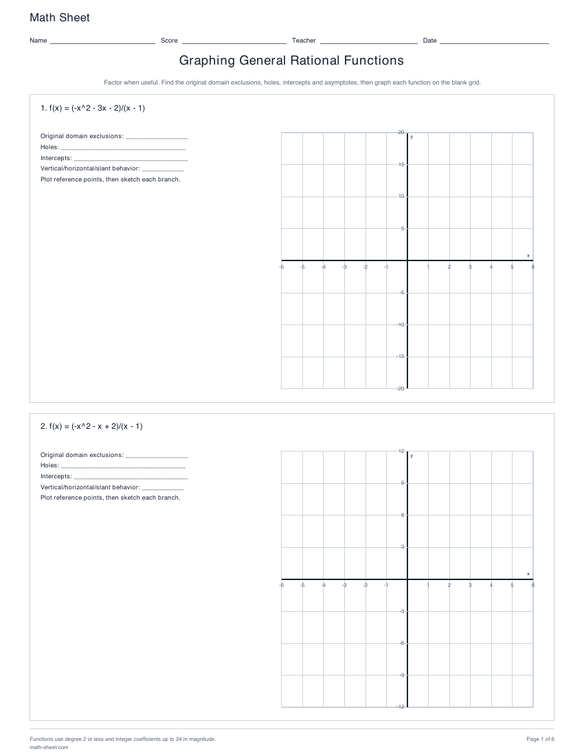 First page preview: Graphing general rational functions worksheets