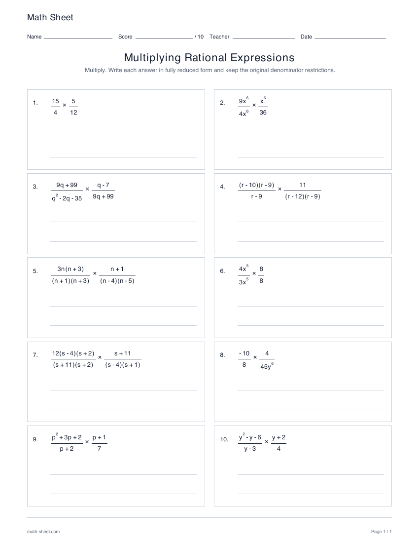 First page preview: Multiplying rational expressions worksheets