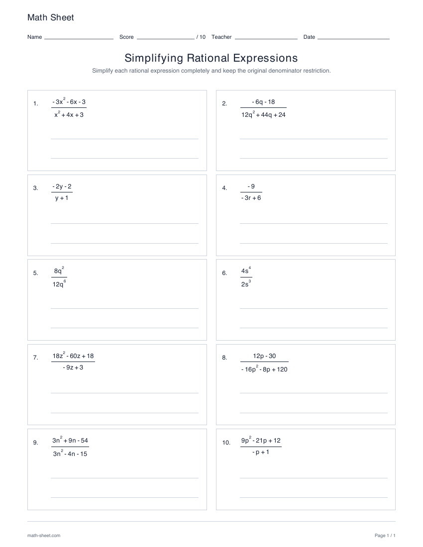 First page preview: Simplifying rational expressions worksheets