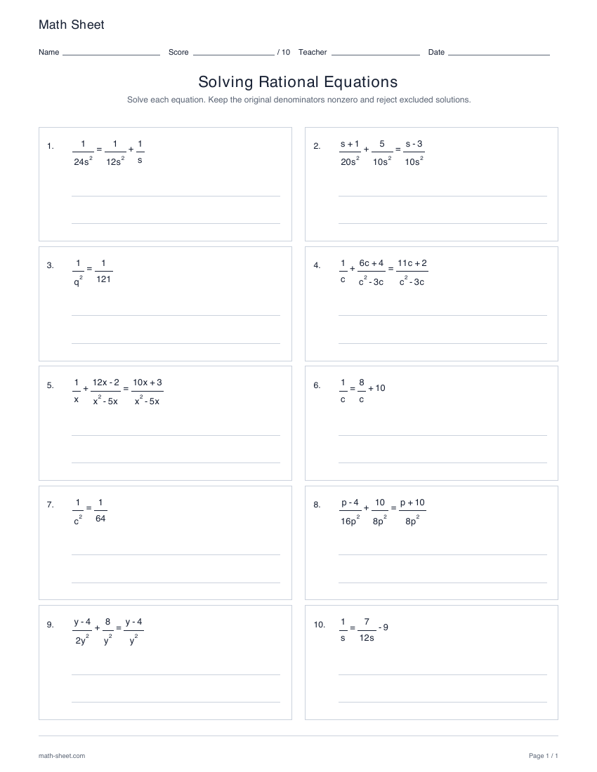 First page preview: Solving rational equations worksheets