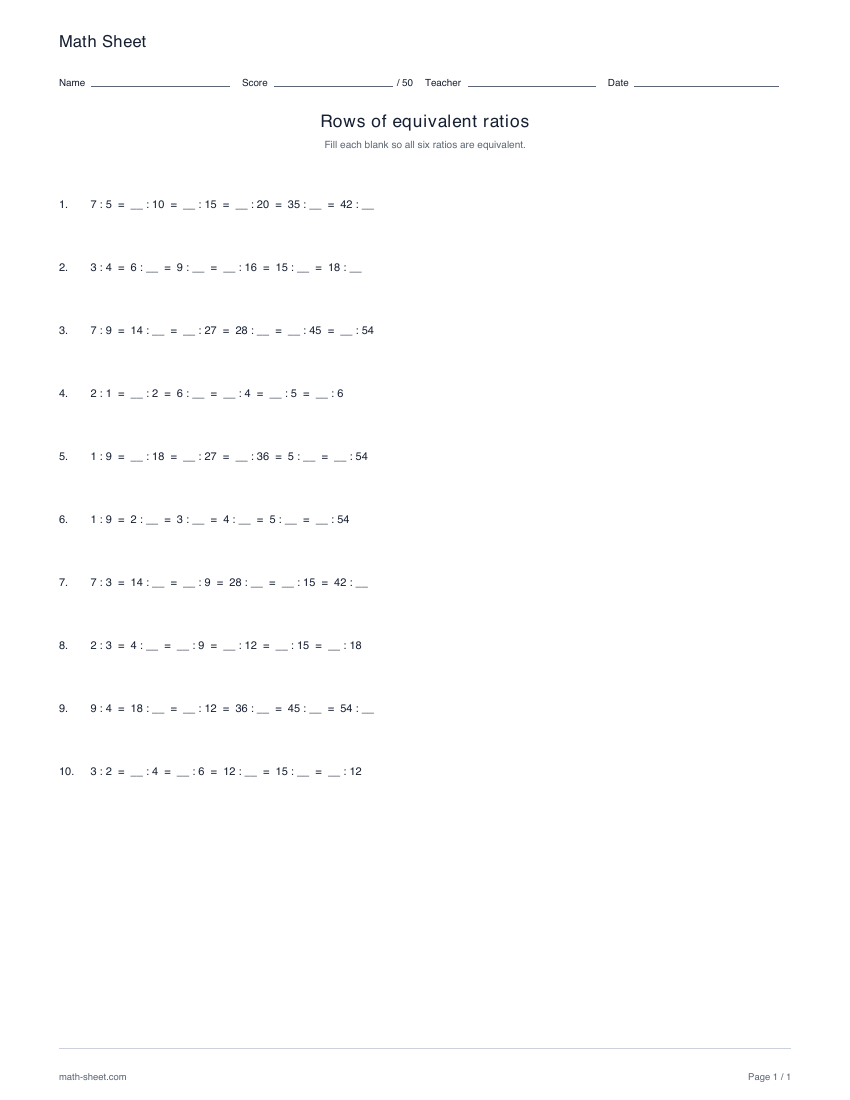 Printable complete rows of equivalent ratios worksheet preview