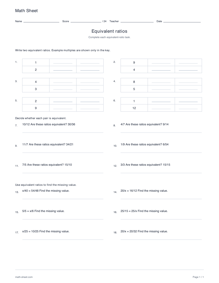 Printable equivalent ratios: tables, comparisons and missing values worksheet preview