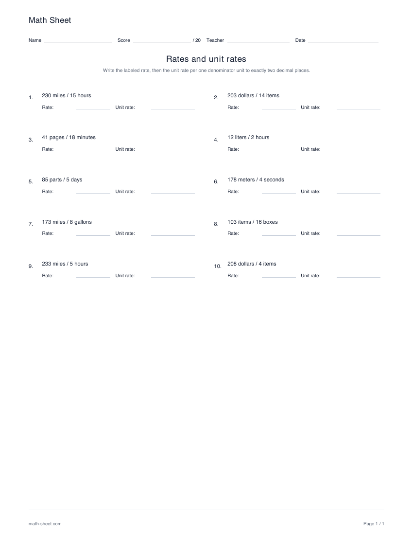 Printable rates and unit rates worksheet preview