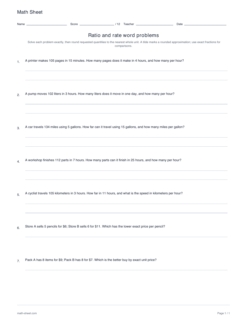 Printable ratio and rate word problems worksheet preview