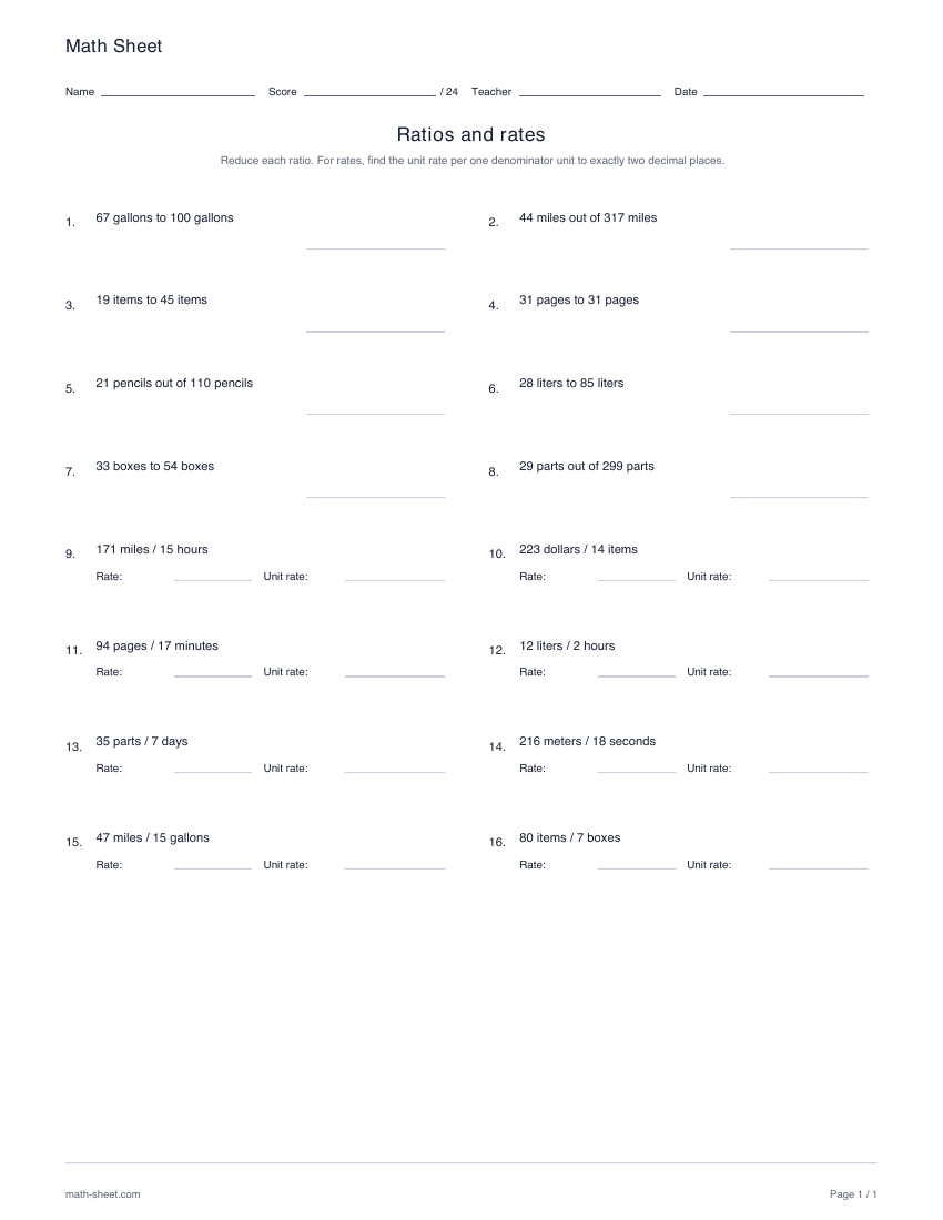 Printable mixed ratios and unit rates worksheet preview
