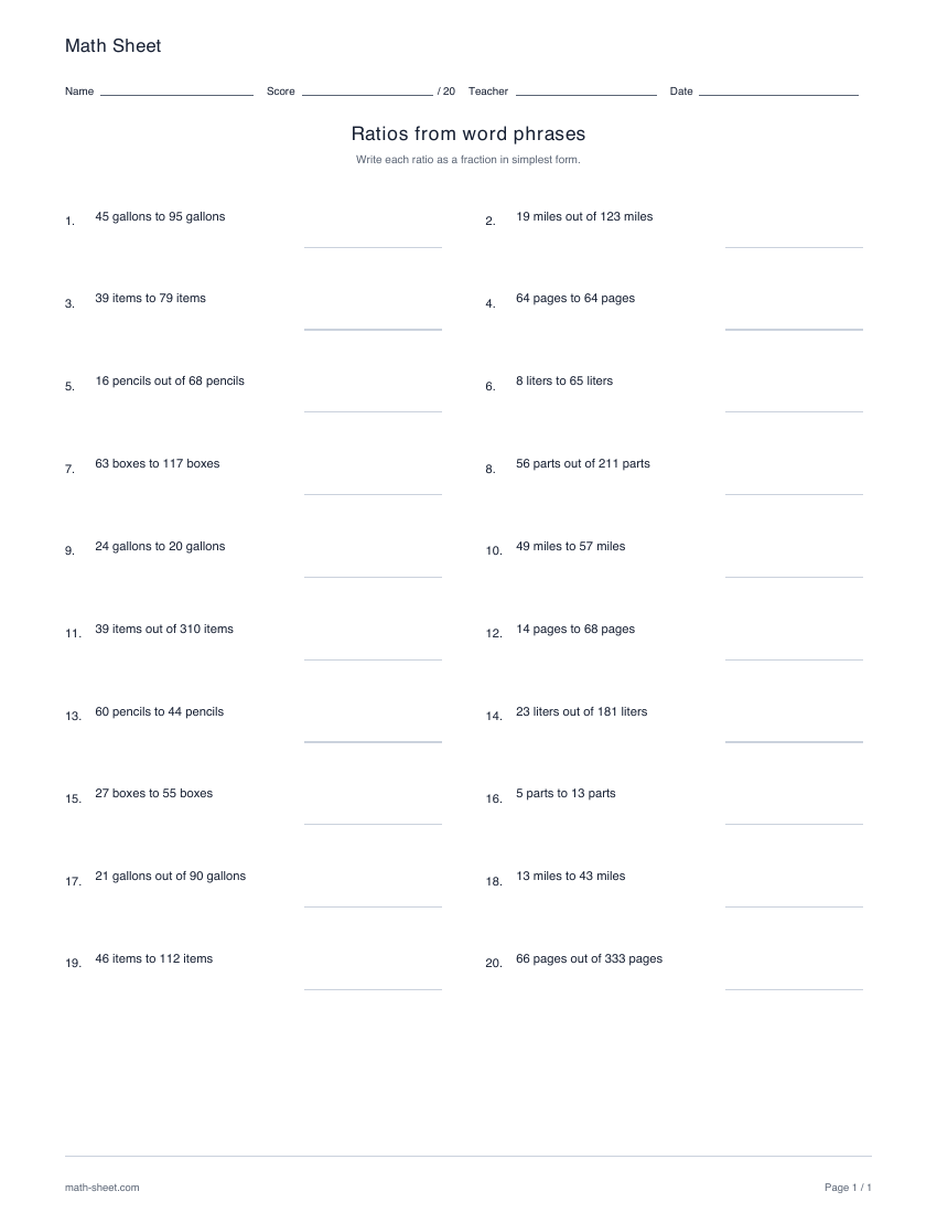Printable write ratios from word phrases worksheet preview