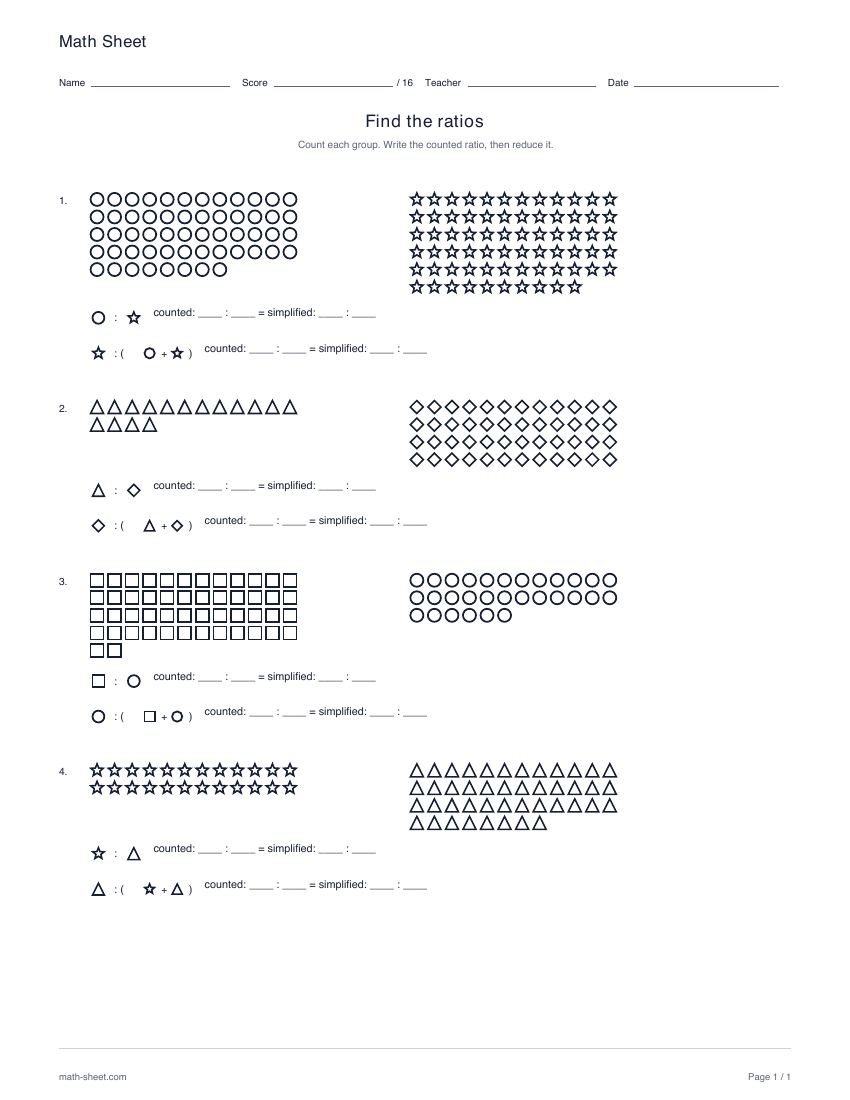 Printable ratios from pictures worksheet preview
