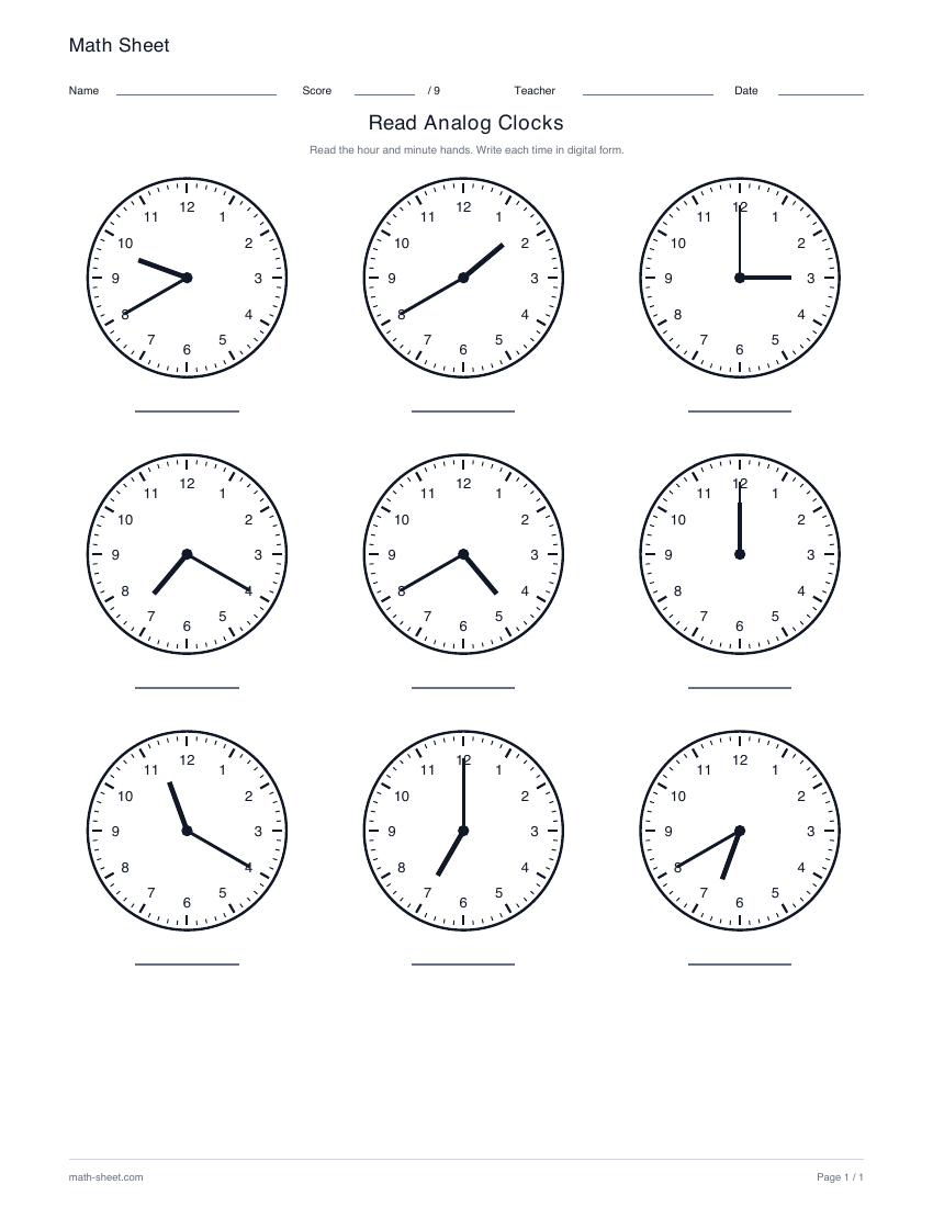 Printable read analog clocks worksheet preview