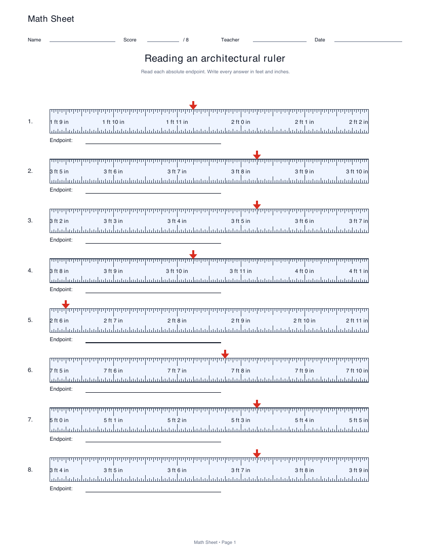 Printable reading an architectural ruler worksheet preview