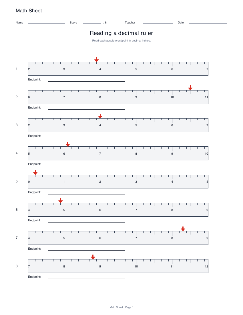 Printable reading a decimal ruler worksheet preview
