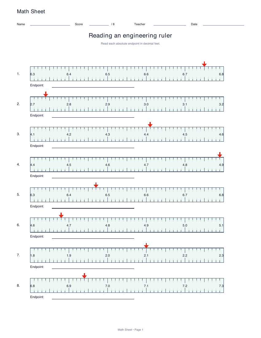 Printable reading an engineering ruler worksheet preview