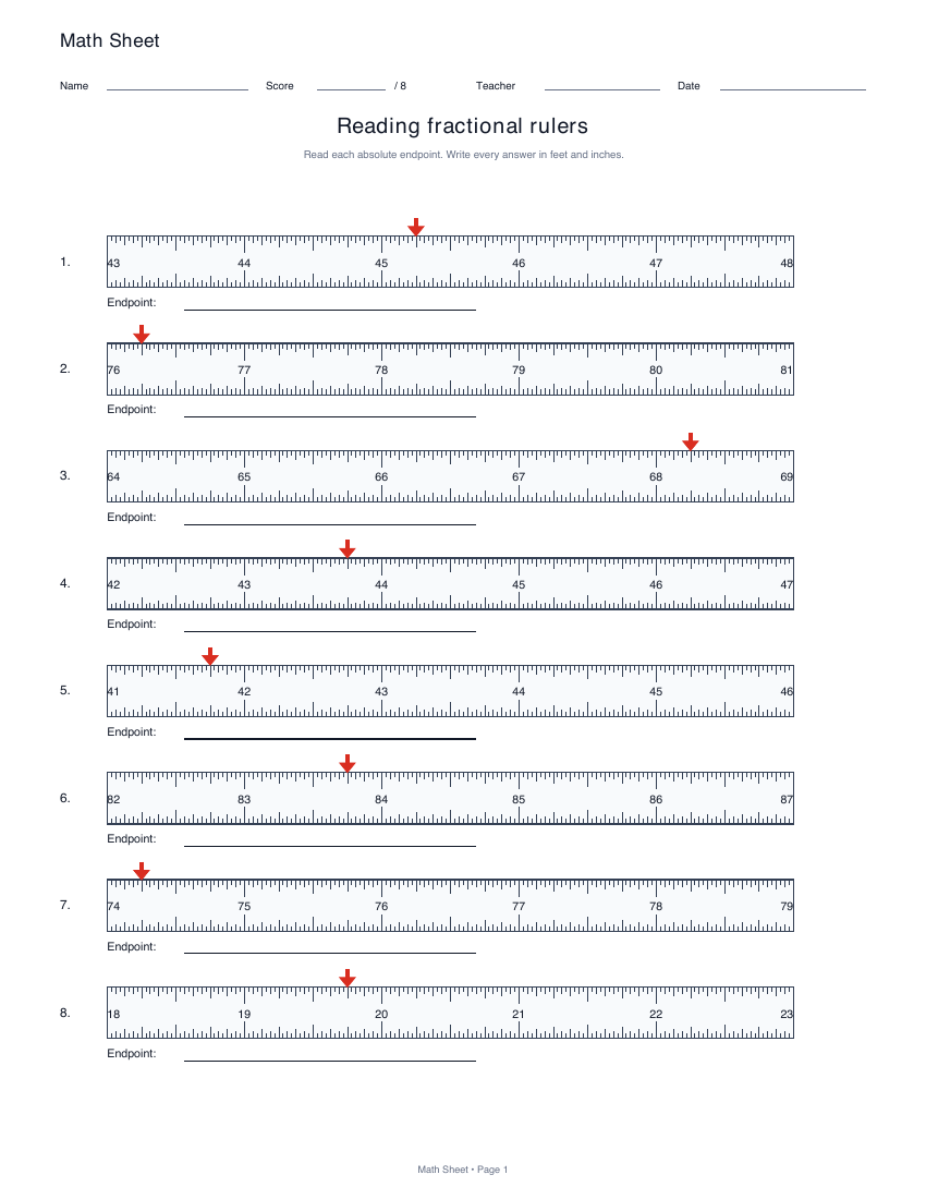Printable reading rulers and tape measures worksheet preview