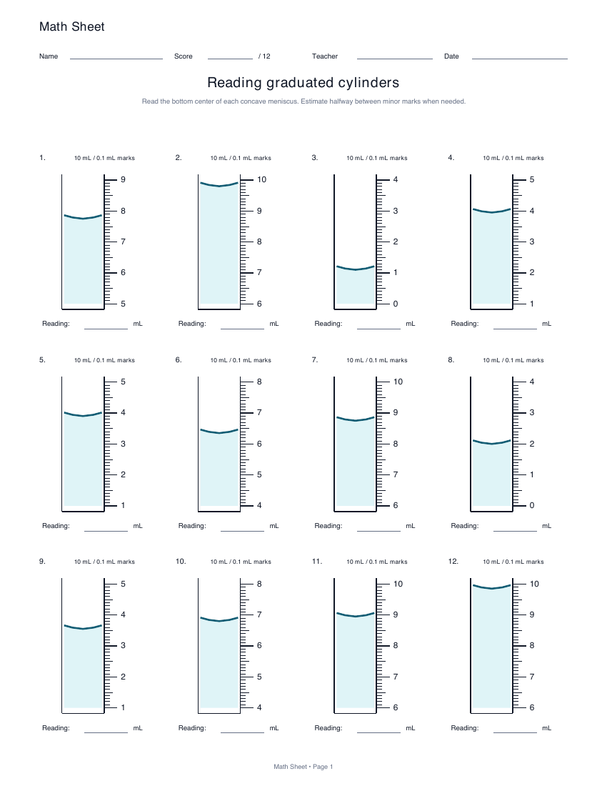 Printable reading graduated cylinders worksheet preview