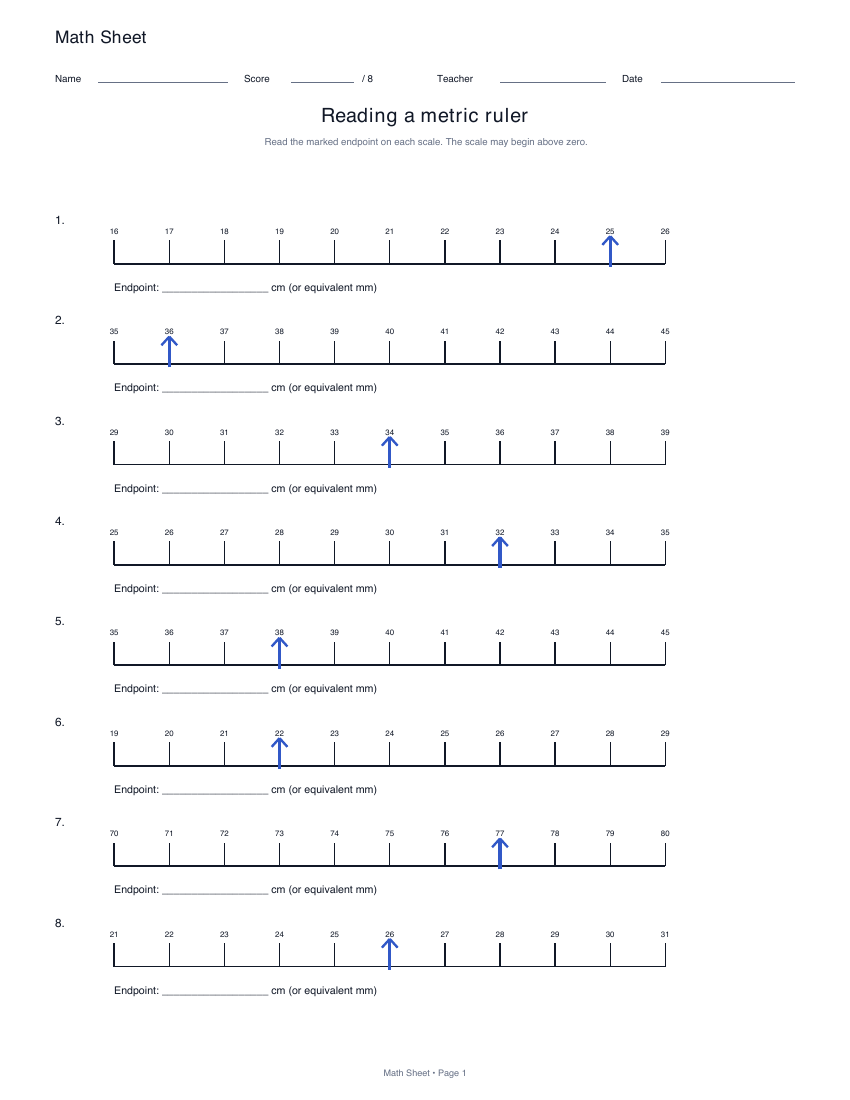 Printable reading a metric ruler worksheet preview