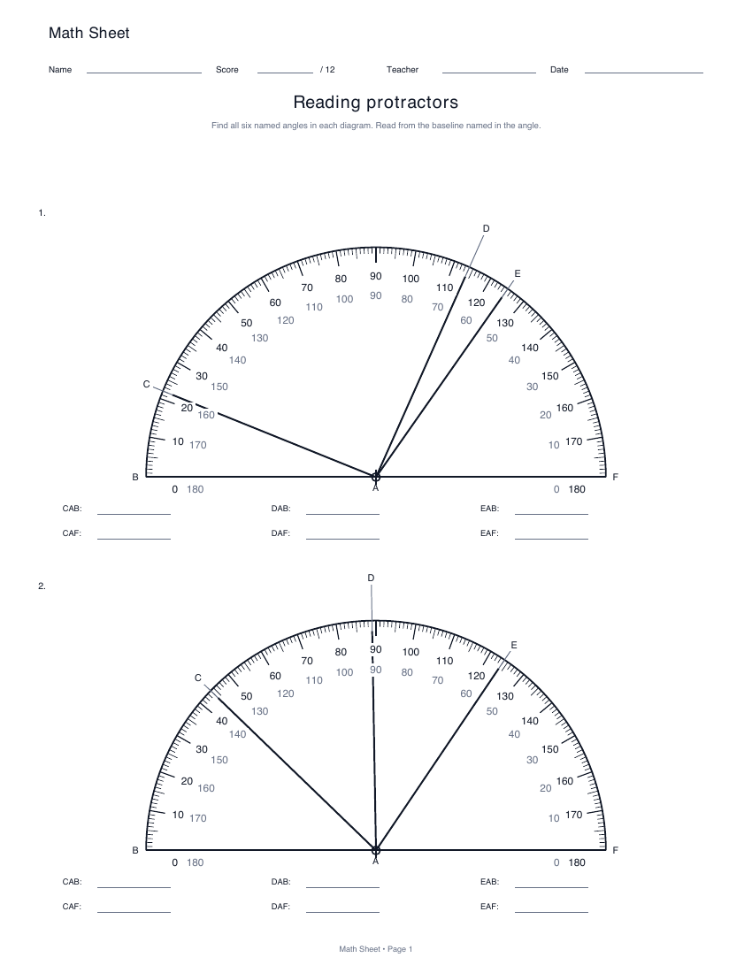 Printable reading protractors worksheet preview