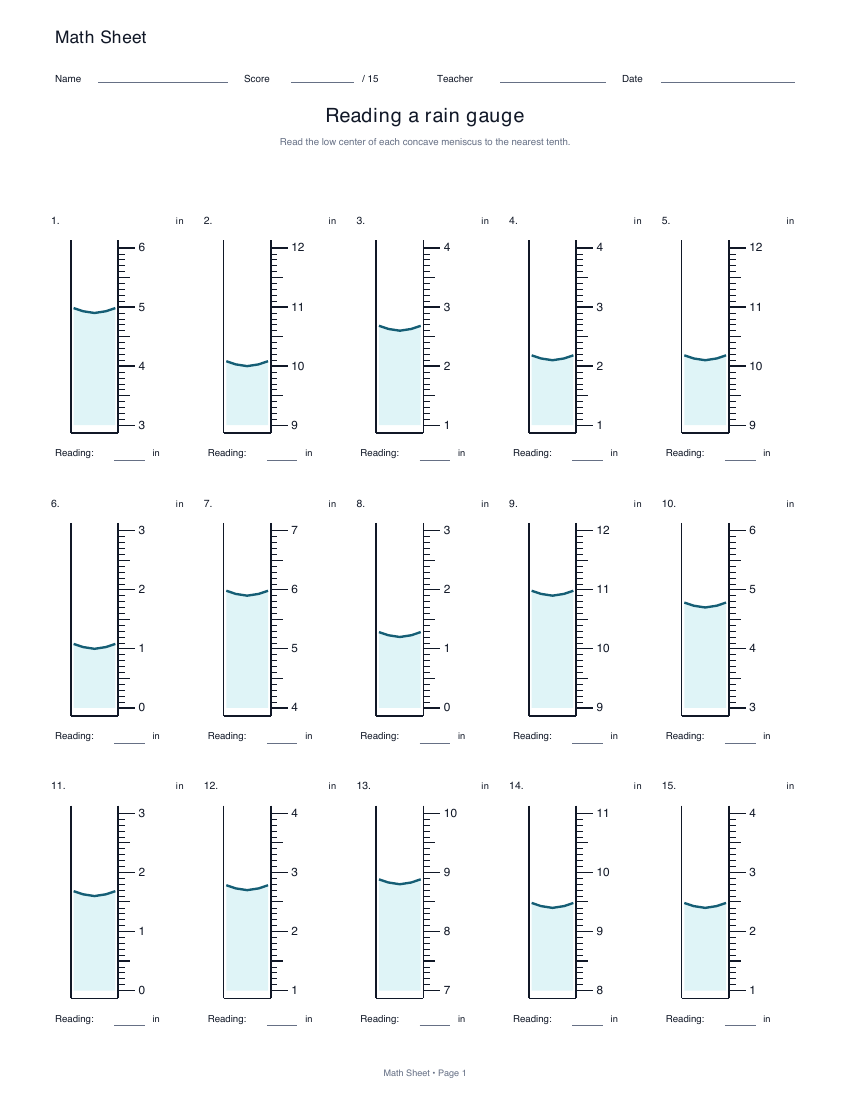 Printable reading a rain gauge worksheet preview