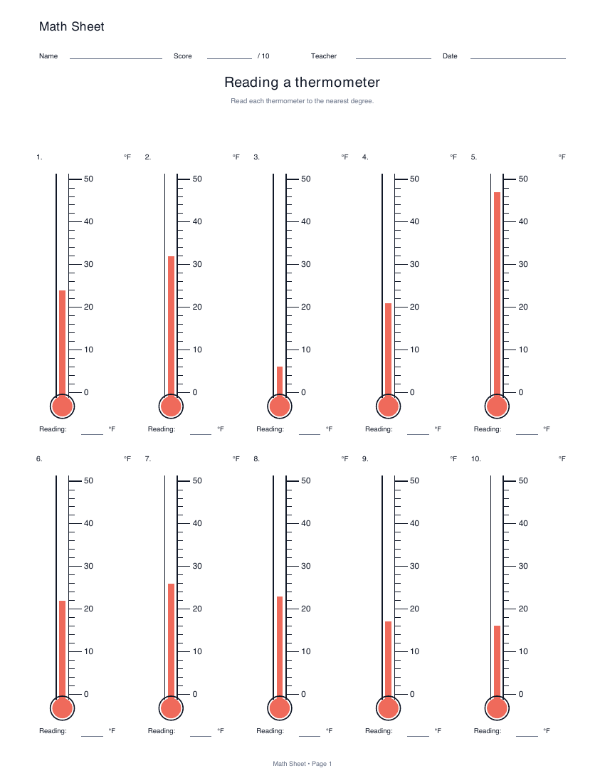 Printable reading a thermometer worksheet preview