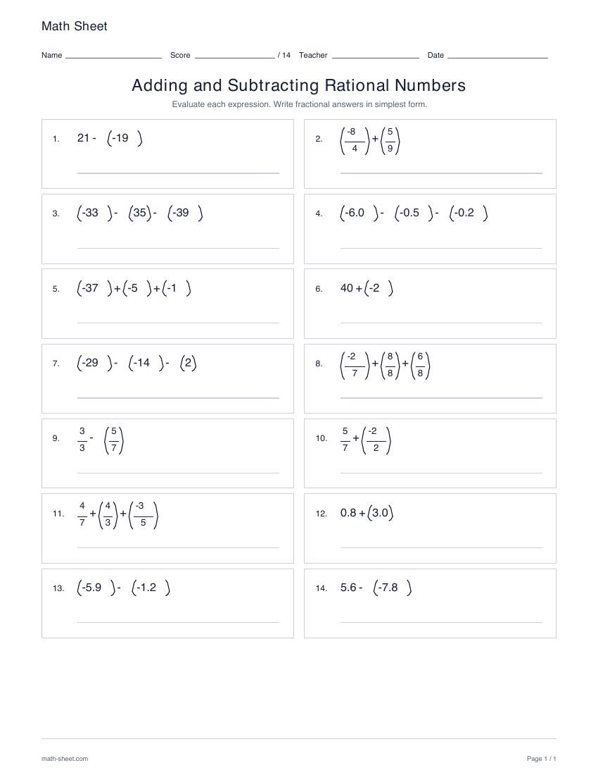 First page preview: Adding and subtracting rational numbers worksheets