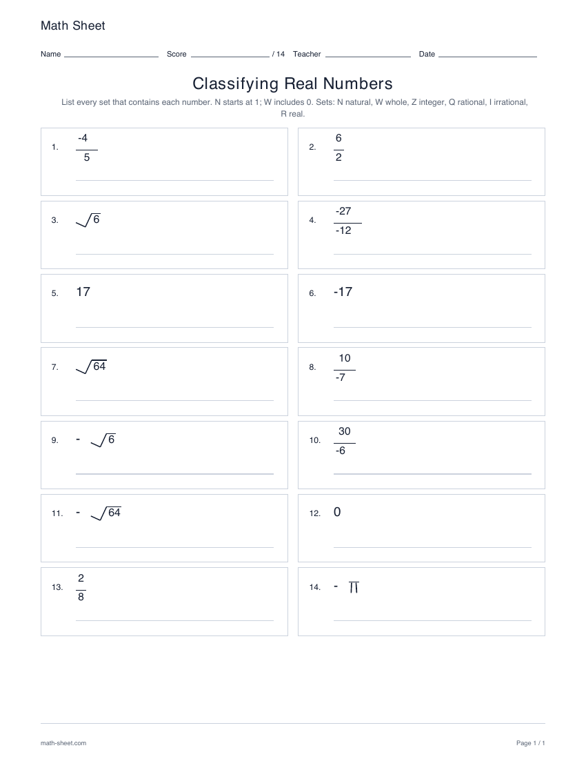 First page preview: Classifying real numbers worksheets