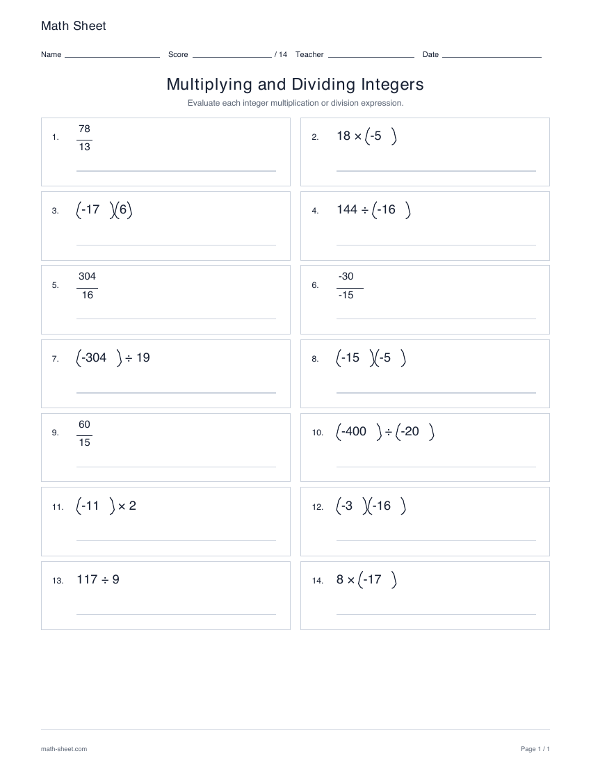 First page preview: Multiplying and dividing integers worksheets