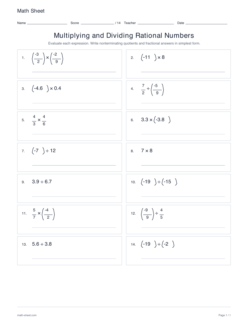 First page preview: Multiplying and dividing rational numbers worksheets