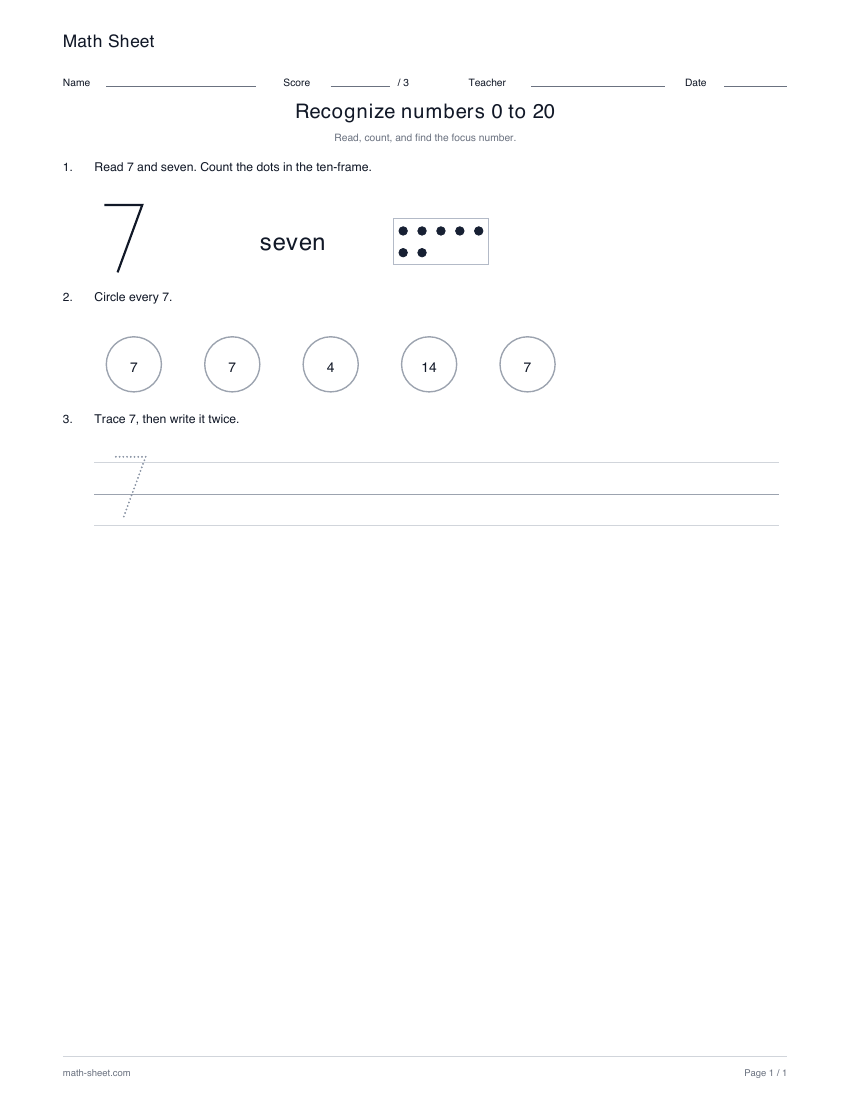 Printable recognize numbers 0 to 20 worksheet preview