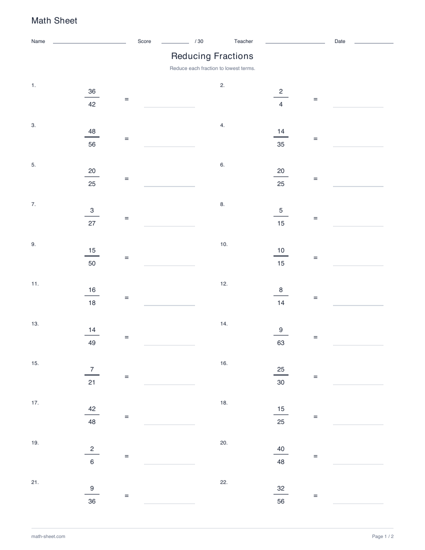 Printable simplifying fractions to lowest terms worksheet preview
