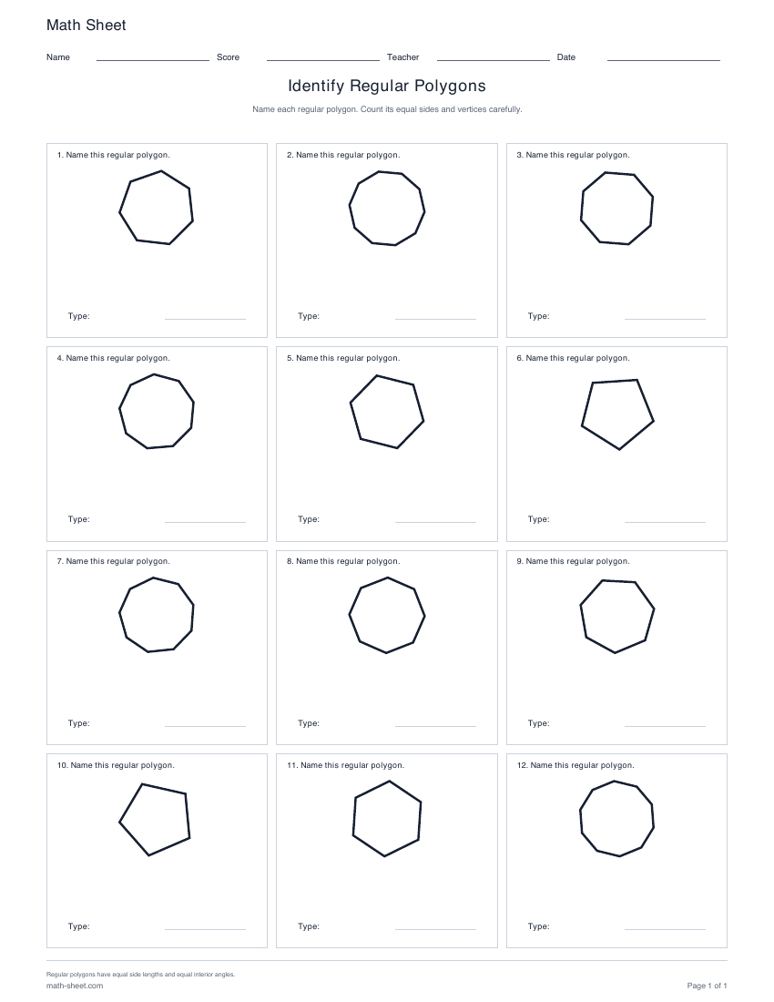First page preview: Identify Regular Polygons Worksheets