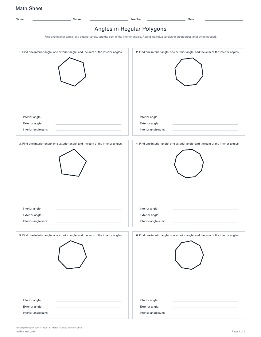 First page preview: Regular Polygon Angles Worksheets