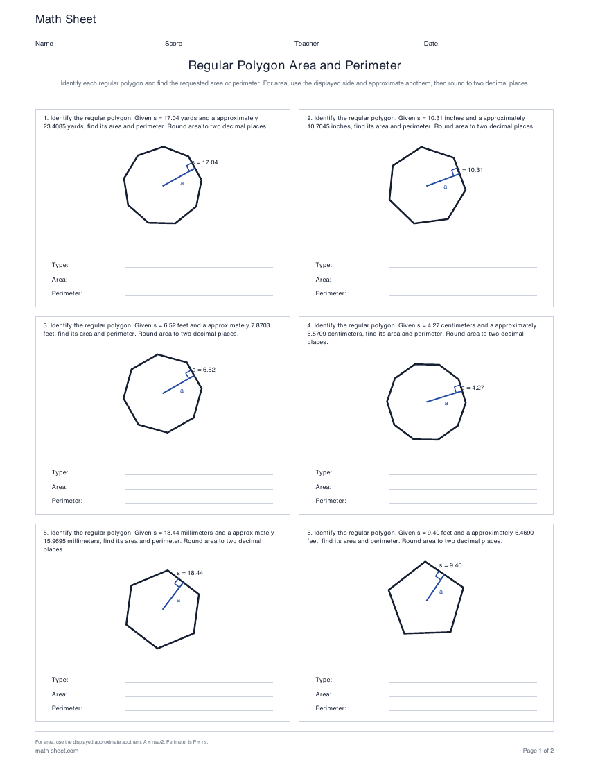 First page preview: Regular Polygon Area and Perimeter Worksheets