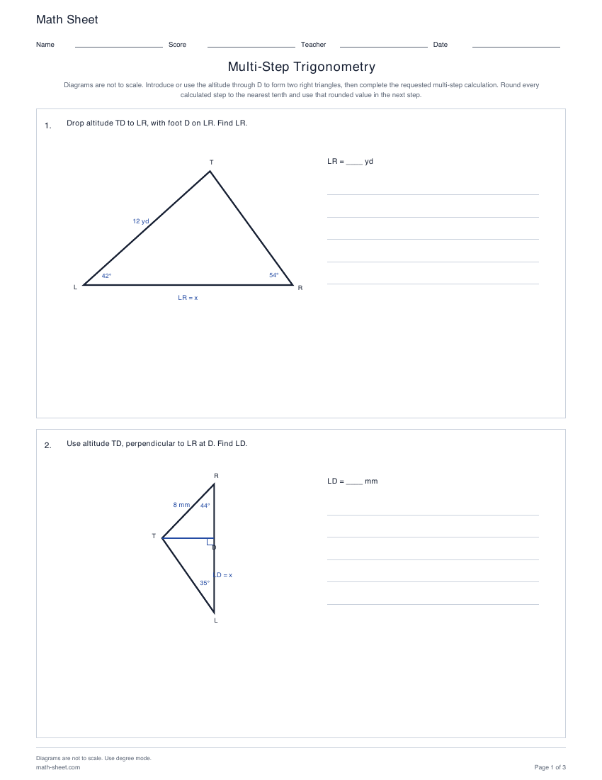 First page preview: Multi-Step Trigonometry Worksheets