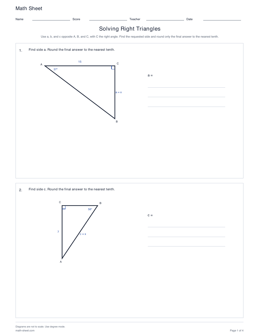First page preview: Solving Right Triangles Worksheets