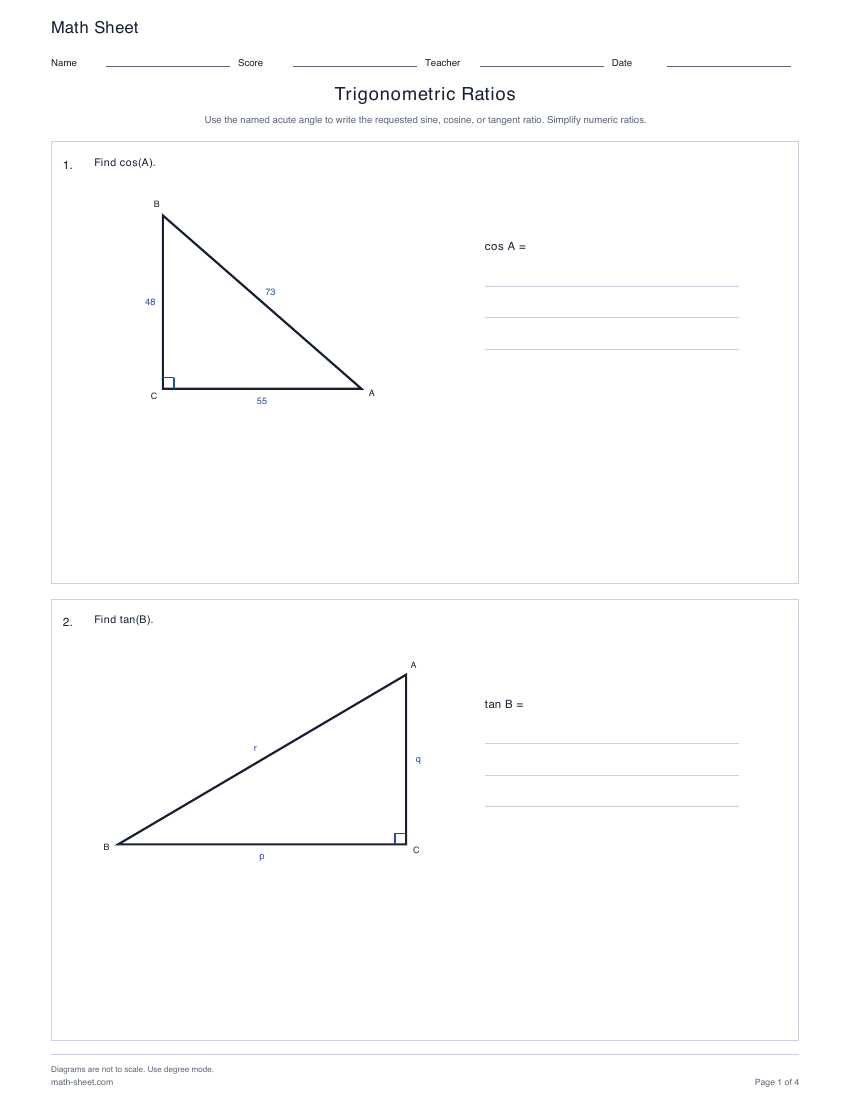 First page preview: Trigonometric Ratios Worksheets