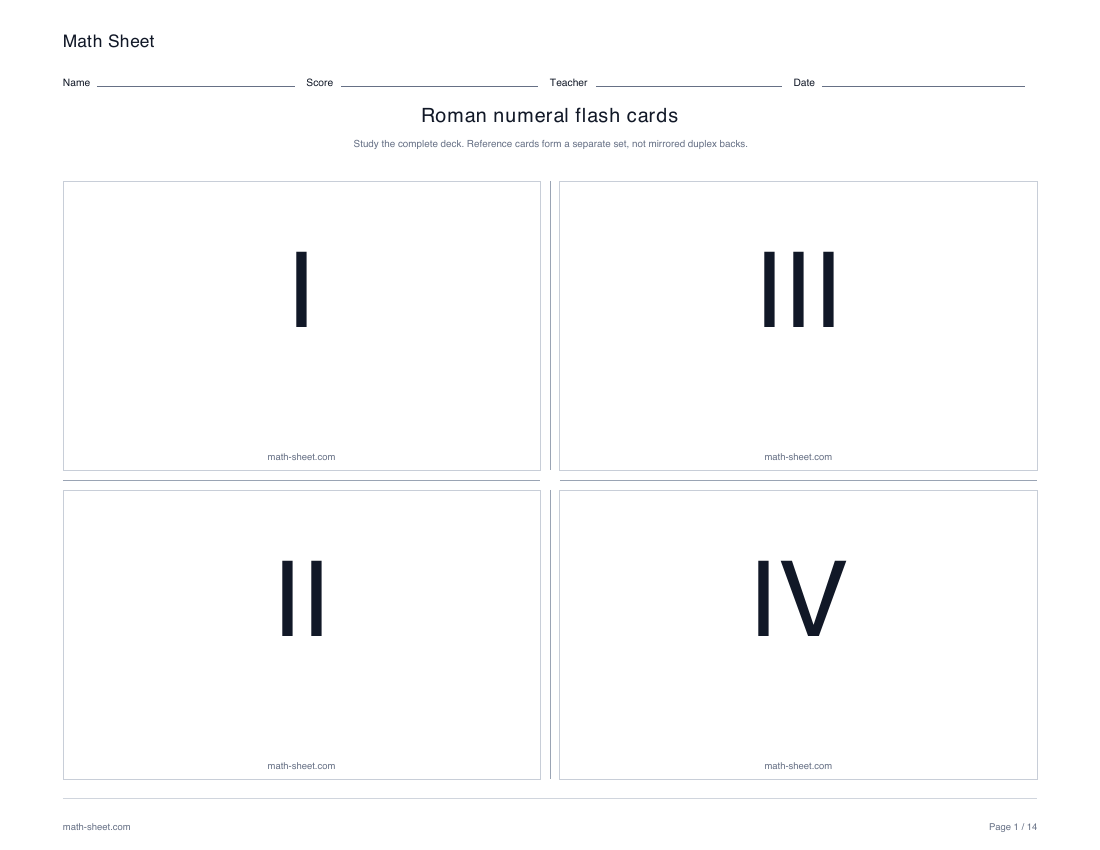Printable roman numeral flash cards worksheet preview