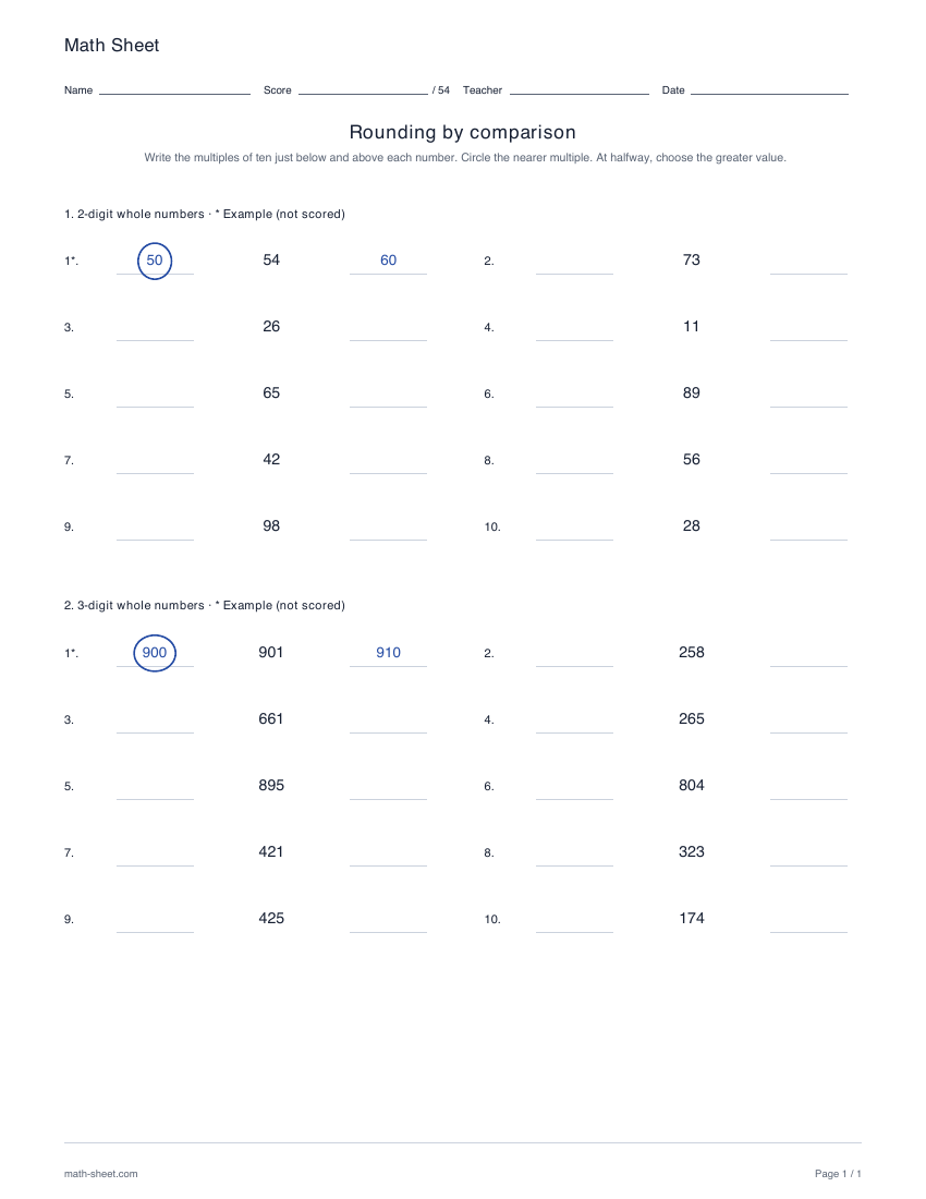 Printable rounding by comparison worksheet preview