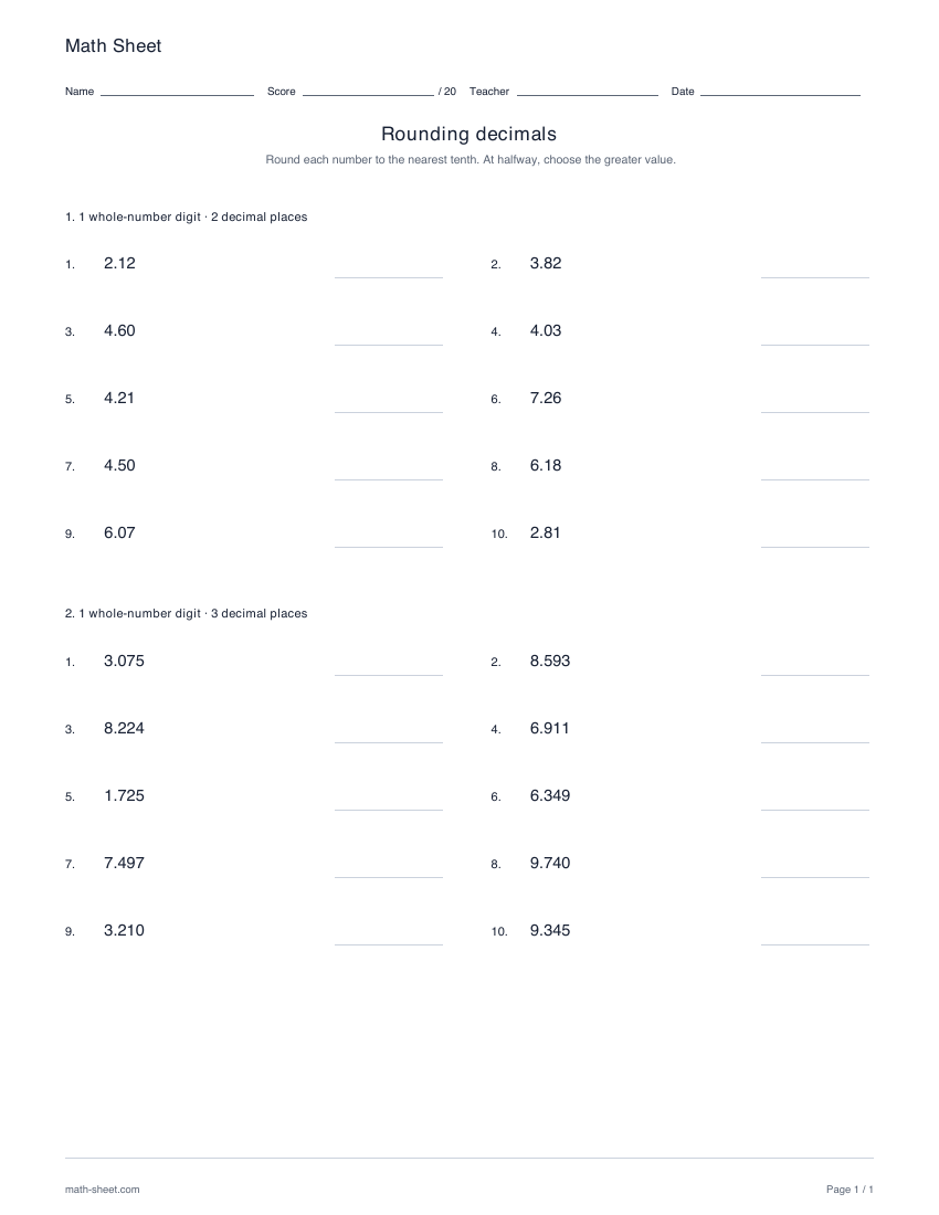 Printable rounding decimals worksheet preview
