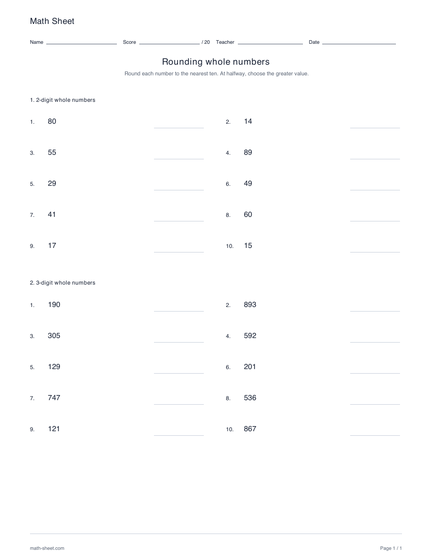 Printable rounding whole numbers worksheet preview