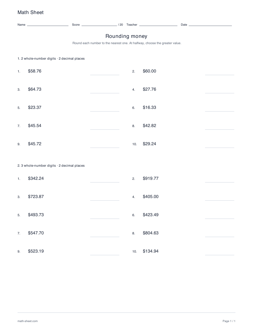Printable rounding money worksheet preview
