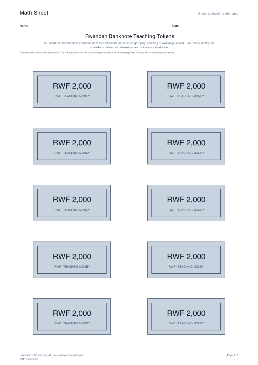 Printable rwandan banknote teaching tokens worksheet preview
