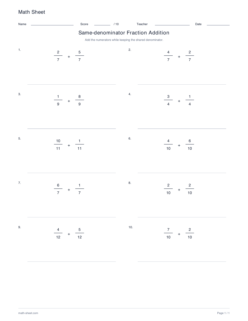 Printable add fractions with the same denominator worksheet preview