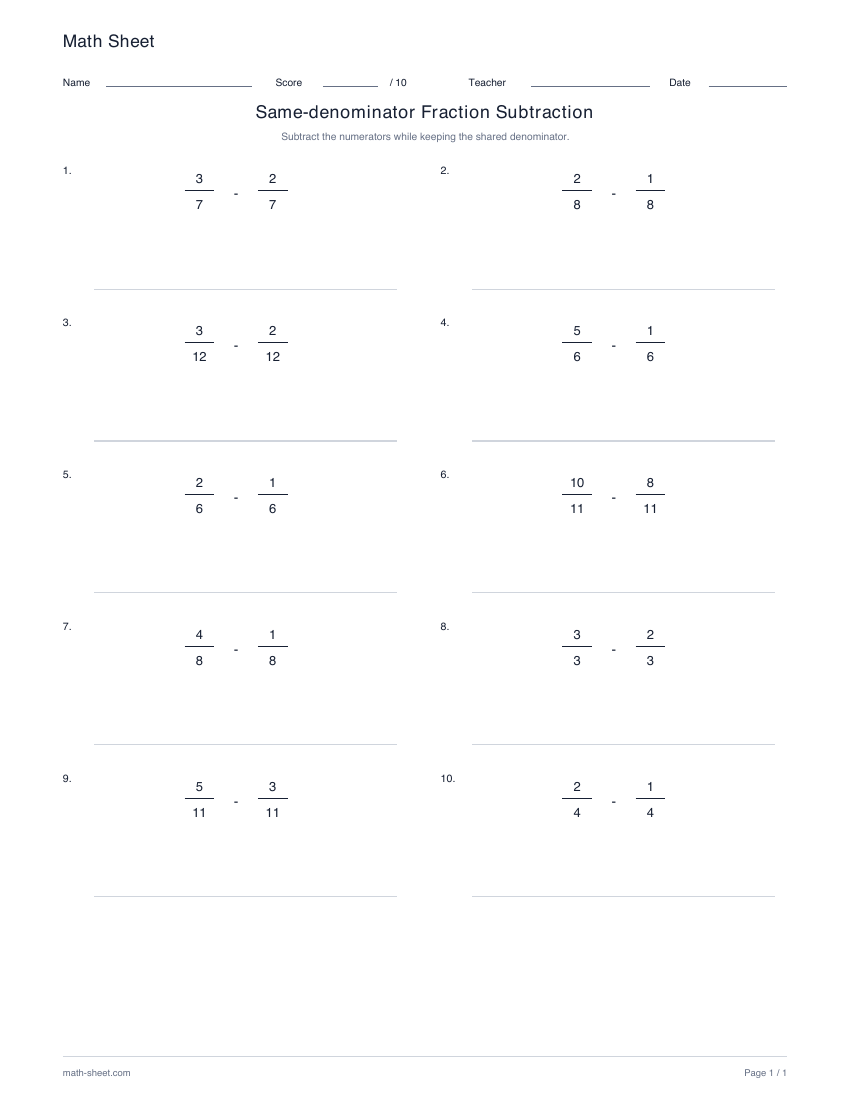 Printable subtract fractions with the same denominator worksheet preview