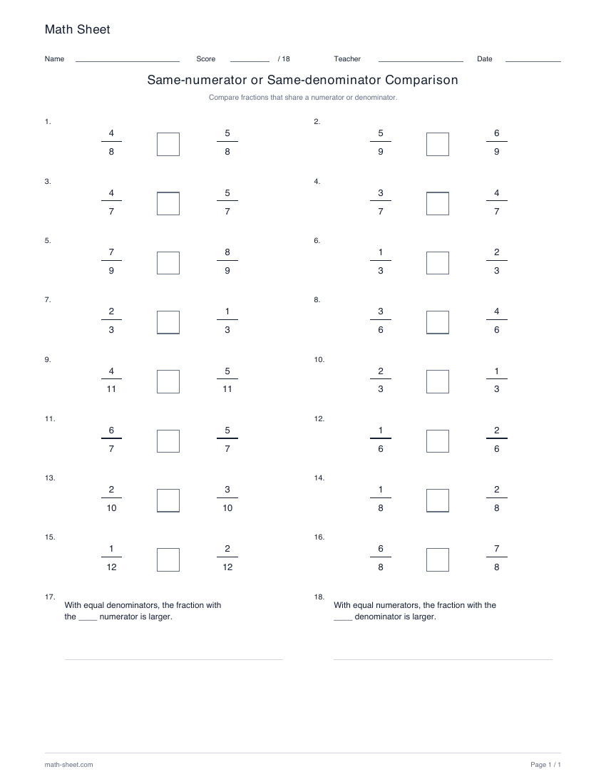 Printable compare fractions with a shared numerator or denominator worksheet preview