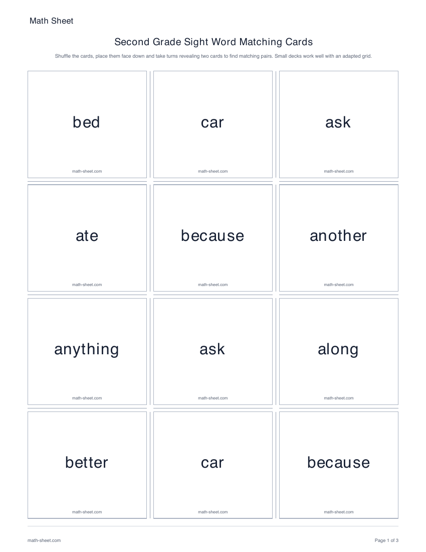 Printable second grade sight word matching cards worksheet preview