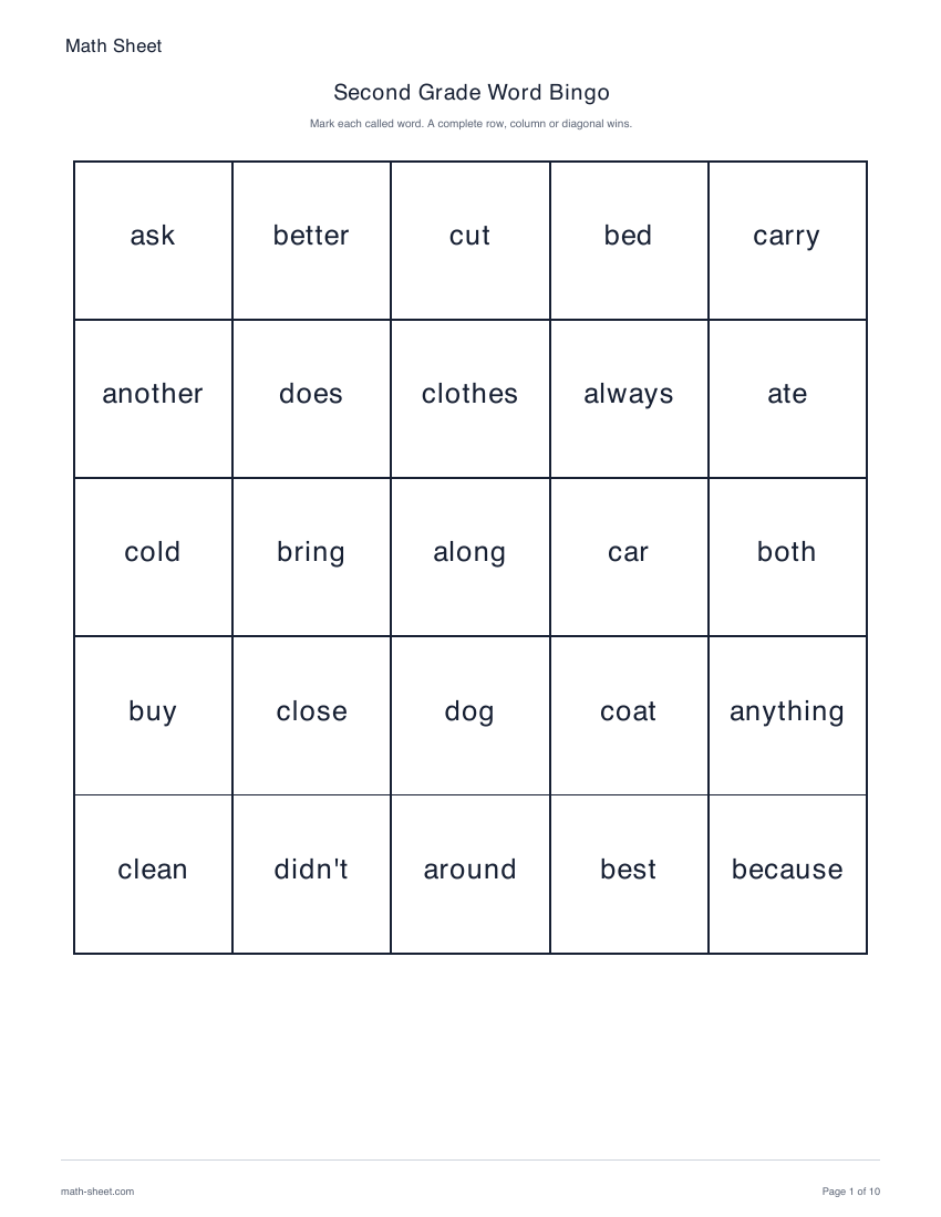 Printable second grade word bingo worksheet preview