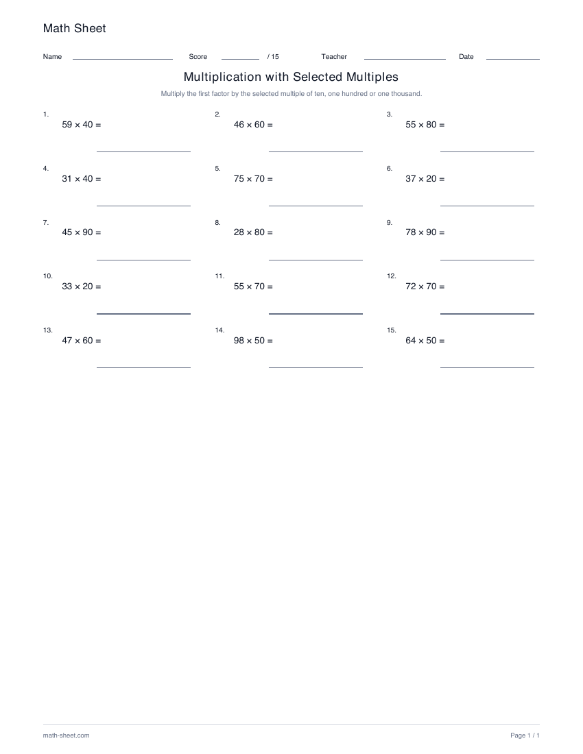 Printable selected multiples multiplication worksheet preview
