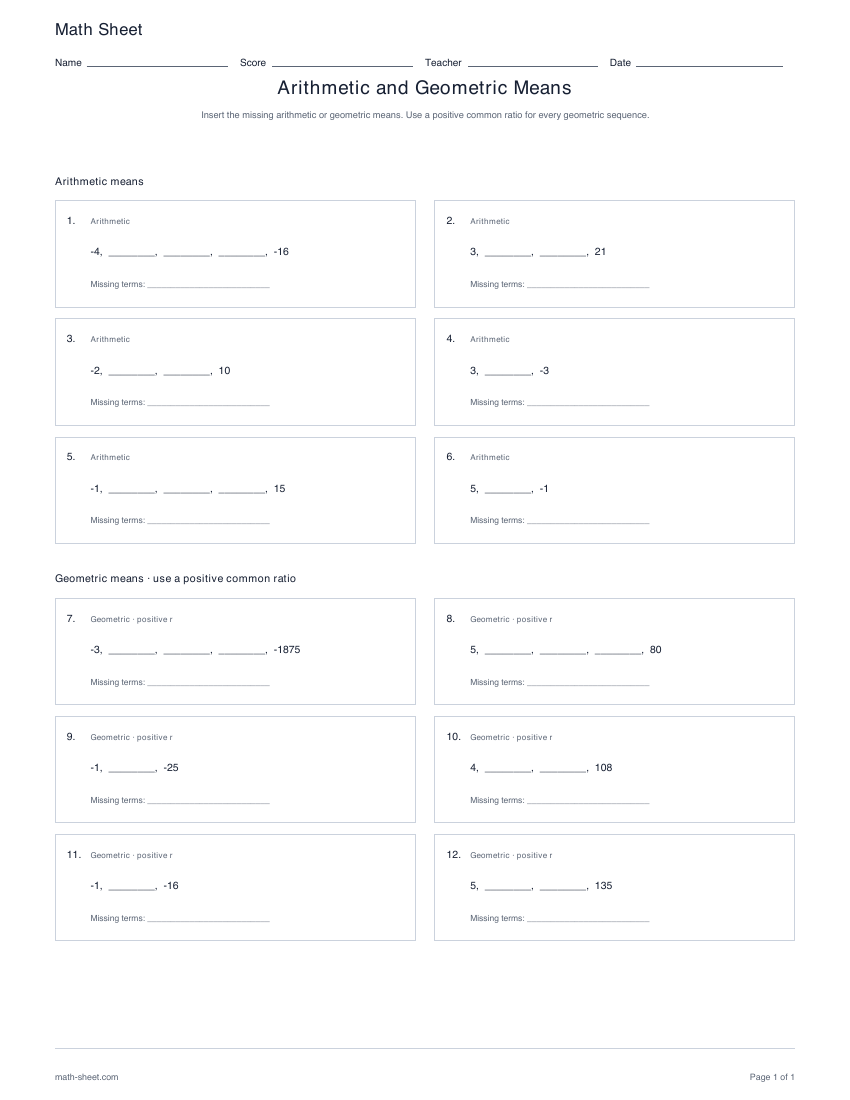 First page preview: Arithmetic and geometric means worksheets
