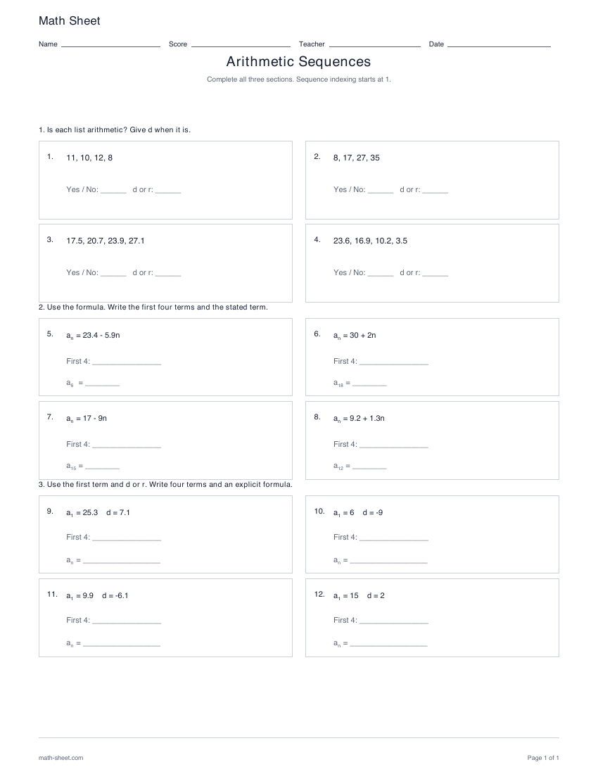 First page preview: Arithmetic sequences worksheets